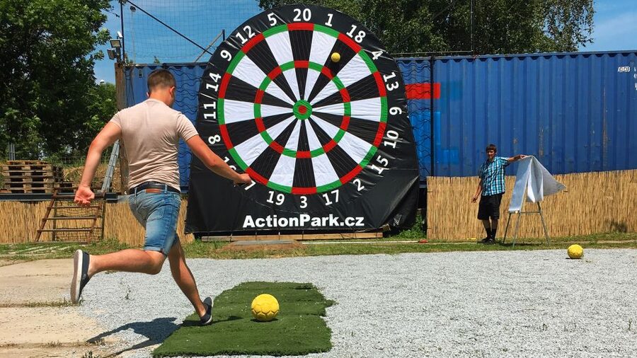 Prague: Giant Football Darts Game with Round of Beers & BBQ - A welcome beer before the football darts